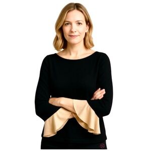 Nic & Zoe black beige ruffle cuff sweater 60% cotton size XS